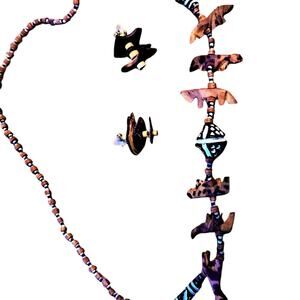 Vintage Kenyan Hand Carved Artisan Safari Necklace & Earring Set